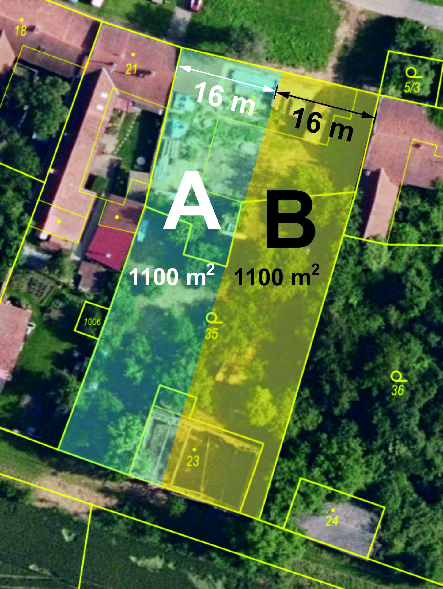 Celý pozemek — letecký snímek s vyznačením parcel A a B
