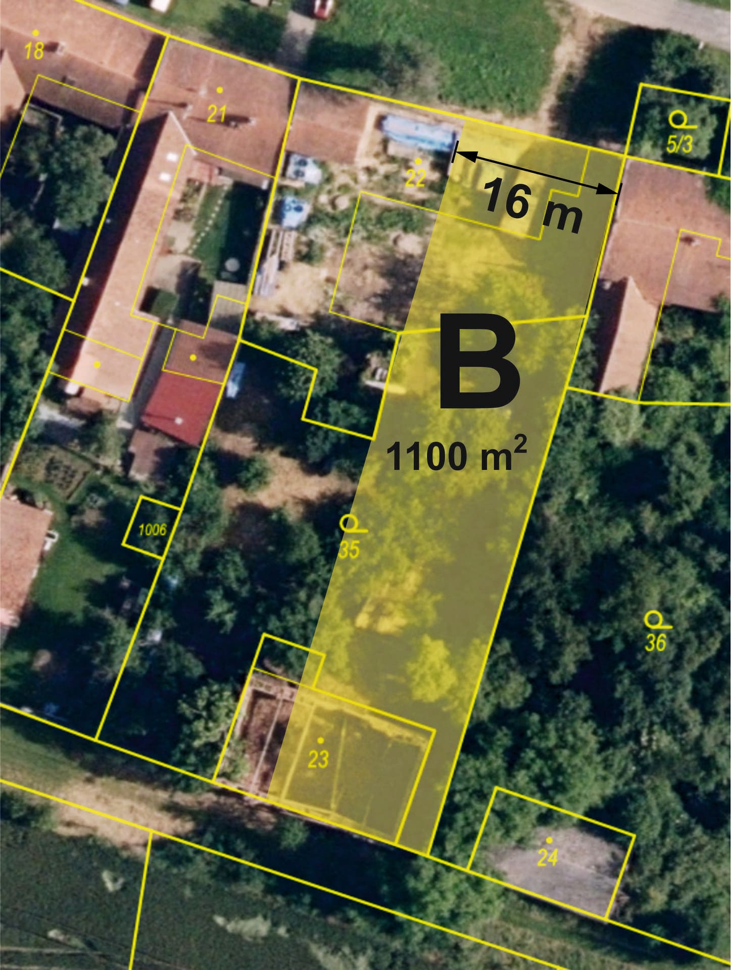 Parcela B — letecký snímek s vyznačením